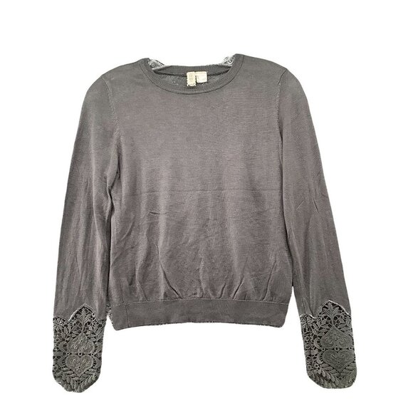 H&M Lightweight Sweater Womens S Crochet Cuff Sheer Lace Back Brown Crewneck - Picture 1 of 8